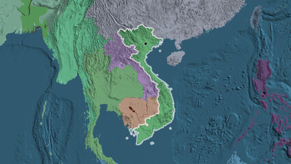 Shape of Vietnam. Glowed. Administrative.