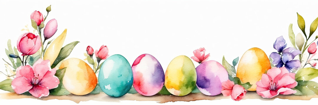 Multicolored watercolour Easter eggs on the table with spring flowers - Easter banner with a space for text. rustic Easter background. AI generated