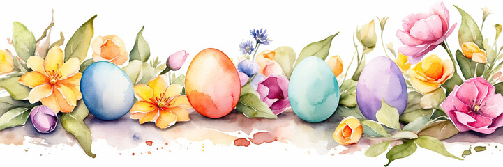 Multicolored watercolour Easter eggs on the table with spring flowers - Easter banner with a space for text. rustic Easter background. AI generated - obrazy, fototapety, plakaty