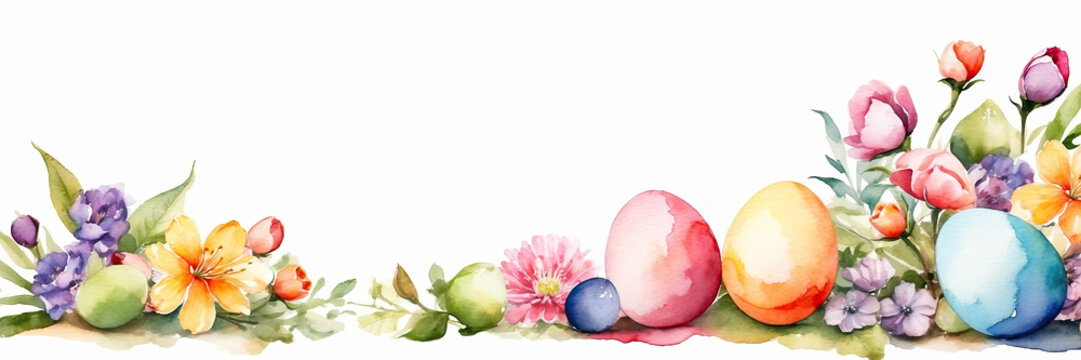 Multicolored watercolour Easter eggs on the table with spring flowers - Easter banner with a space for text. rustic Easter background. AI generated