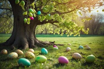 The branches of the spring tree are decorated with colorful Easter eggs. Easter postcard, spring nature,