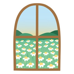 Fototapeta premium View from window, Flower in field view outside the Window, wooden and white window.