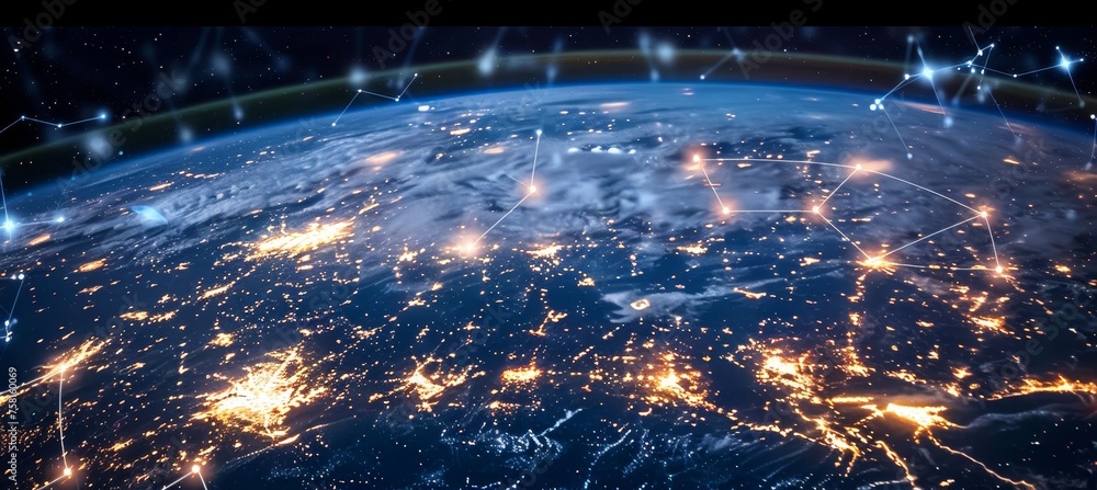Poster global network earth enveloped by advanced perceptron lines for cutting edge connectivity