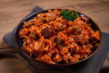 Bigos, bigus is a national Polish dish, made of cabbage and meat, stewed, homemade, no people,