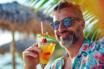 An adult man with a relaxed expression, sipping a tropical cocktail or mocktail adorned with a mini umbrella and fresh fruit garnish