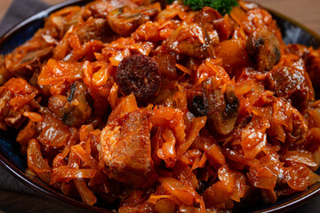 Bigos, bigus is a national Polish dish, made of cabbage and meat, stewed, homemade, no people,