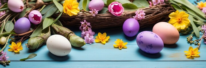 Obraz na płótnie Canvas Multicolored Easter eggs on the table with spring flowers - Easter banner with a space for text. rustic Easter background.