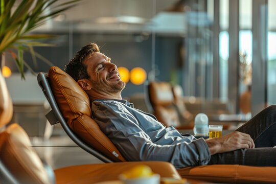 An adult man with a relaxed expression, reclining in a lounge chair at the airport lounge, enjoying complimentary refreshments and amenities, soaking in the pre-flight atmosphere 