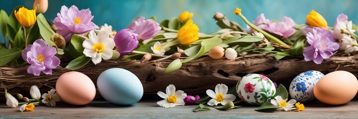 Obraz na płótnie Canvas Multicolored Easter eggs on the table with spring flowers - Easter banner with a space for text. rustic Easter background.