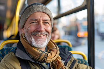 Obraz premium Senior man with a grateful smile offering a seat to an elderly or pregnant passenger on the bus, embodying the spirit of kindness and community even as he heads off on his own vacation journey