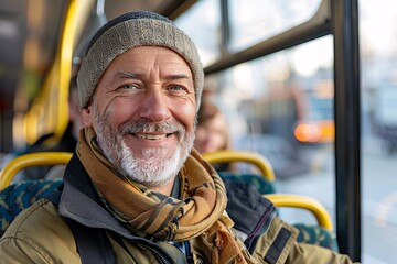 Senior man with a grateful smile offering a seat to an elderly or pregnant passenger on the bus, embodying the spirit of kindness and community even as he heads off on his own vacation journey