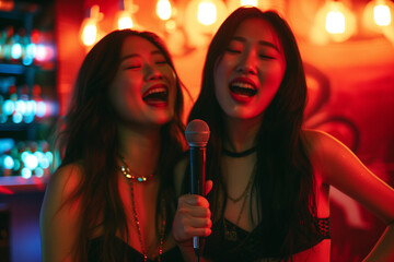 two asian women holding microphone and singing karaoke in nightclub with red lights as background
