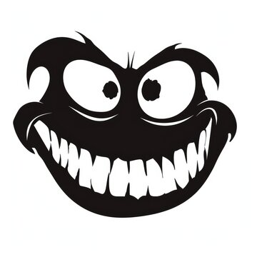 Funny black monster face isolated on white background. Vector illustration.	