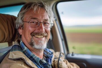 An adult man with a contented smile relaxing in the back of a taxi, enjoying the scenic drive through the countryside as he travels to the airport for his vacation getaway