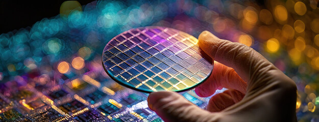 Silicon wafer in hand against of technological background. Semiconductor chip held delicately, symbolizing advanced computing. Panorama with copy space.