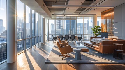 Modern Office Space with City Skyline View and Warm Lighting