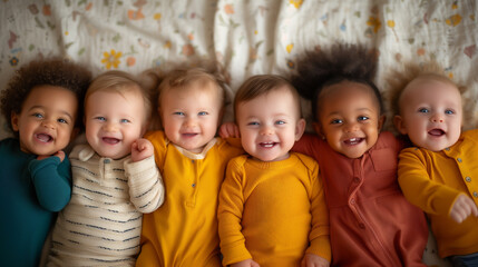 1-year-old children of diverse ethnicities lying prone on a bed in a row, smiling and laughing.