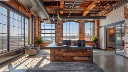 Modern Industrial Open Office in Grayson, Georgia with Red Brick Walls and City Views - obrazy, fototapety, plakaty