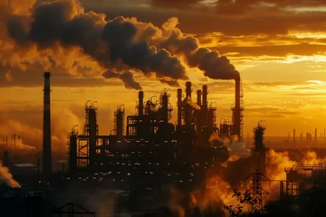 Fotobehang The silhouette of a massive factory against a dusky sky, air thick with pollutants. © Rattanachat