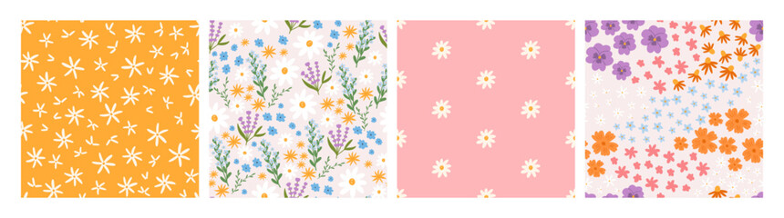 Set of floral seamless patterns, flat vector illustration. Spring backgrounds collection. Cute summer patterns for textile and fabric print. Concepts of nature, meadow and ditsy.