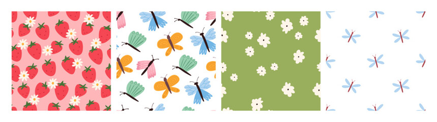 Set of colorful spring and summer seamless patterns, cartoon flat vector illustration. Cute strawberry, butterflies, daisy flowers and dragonfly backgrounds.