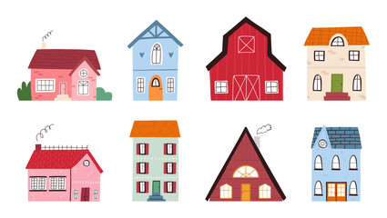 Set of cute houses, cartoon flat vector illustration isolated on white background. Colorful hand drawn buildings. City and countryside houses.