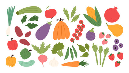 Set of fruits and vegetables in cartoon flat style, vector illustration isolated on white background. Cute hand drawn tomatoes, pumpkin, apple, onion and bell pepper. Fresh organic spring food.
