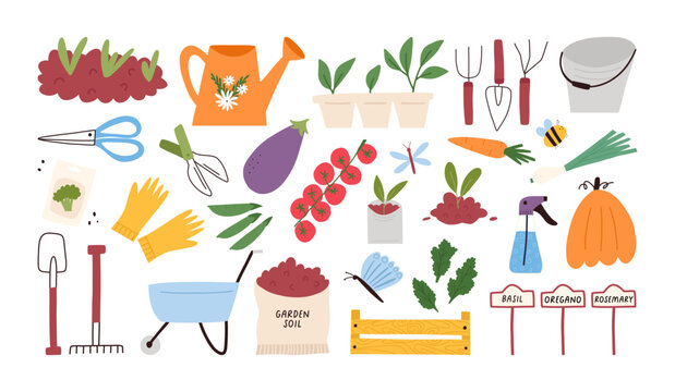 Set of cute gardening and farming tools, cartoon flat vector illustration isolated on white background. Collection of hand drawn watering can, scissors, shovel, soil bag, seeds, gloves and vegetables.