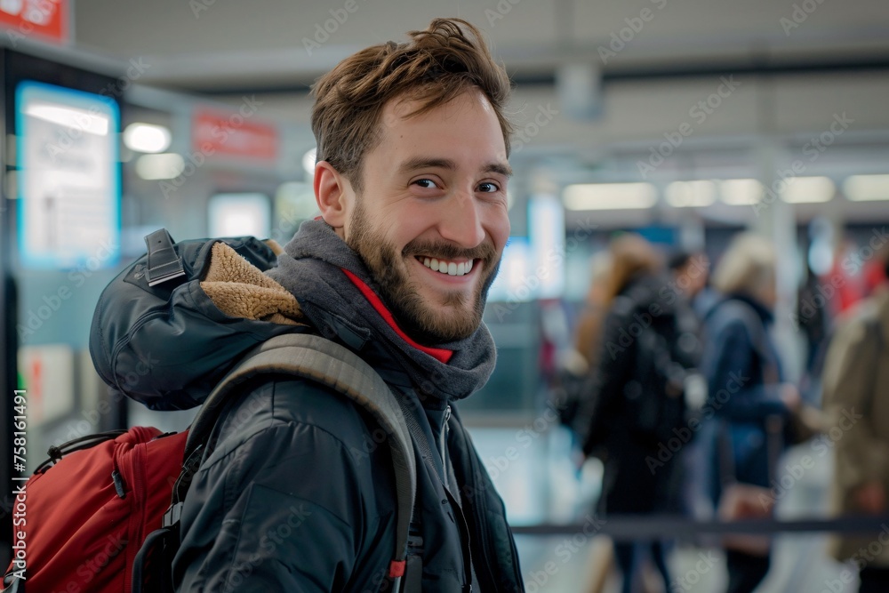 Wall mural Man with a cheerful expression, carrying his backpack and passport while queuing at the check-in counter