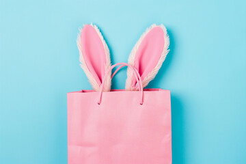 Cute Easter bunny ears in a shopping bag, pastel pink and blue colors with copy space. Generative Ai - 758161401