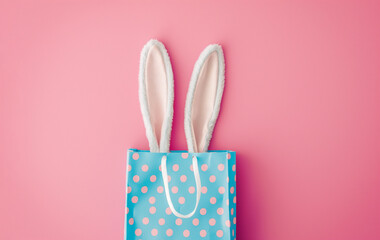Cute Easter bunny ears in a shopping bag, pastel pink and blue colors with copy space. Generative Ai - 758161421