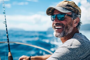 Man with a cheerful grin, embarking on an adventurous deep-sea fishing expedition at a tropical port of call - obrazy, fototapety, plakaty