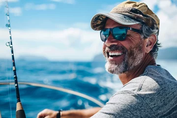 Küchenrückwand glas motiv Man with a cheerful grin, embarking on an adventurous deep-sea fishing expedition at a tropical port of call © Maelgoa