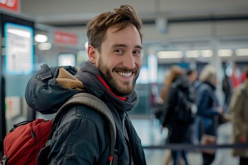 Man with a cheerful expression, carrying his backpack and passport while queuing at the check-in counter - obrazy, fototapety, plakaty