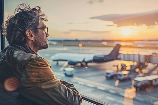 A man with a contemplative expression, gazing out the window at the tarmac and aircraft parked on the runway, marveling at the marvels of modern aviation