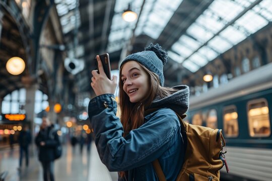Young woman with an excited expression, snapping photos of the train station with her camera or smartphone