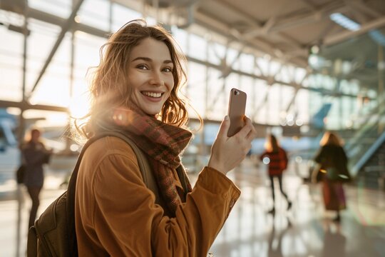 Woman with an excited grin, snapping photos of the airport architecture and aircraft on the tarmac, eager to document every moment of her travel experience