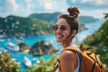 A young woman with an enthusiastic smile, taking in the breathtaking scenery of a picturesque port of call during a shore excursion on her cruise vacation - obrazy, fototapety, plakaty