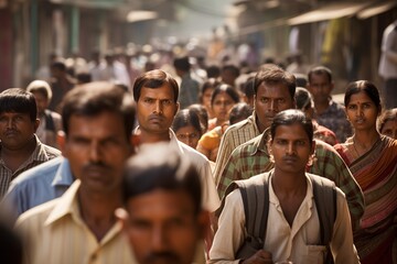Crowd of Indian people walking on street - obrazy, fototapety, plakaty
