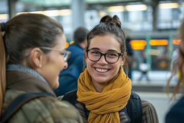 Young woman with an enthusiastic smile, chatting with fellow travelers on the platform, exchanging stories and recommendations for their respective vacation destinations
