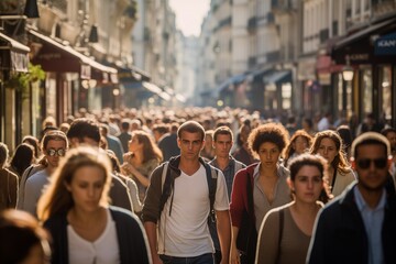 Crowd of people walking city street - obrazy, fototapety, plakaty