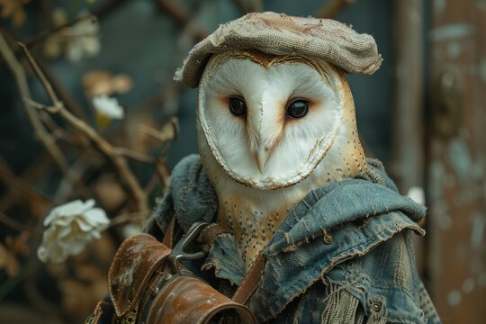 A owl nurse with soft feathers, wearing a vintage nurse's cap. Warm lighting and detailed textures enhance the image's realism. It conveys professionalism, dedication, and compassion.