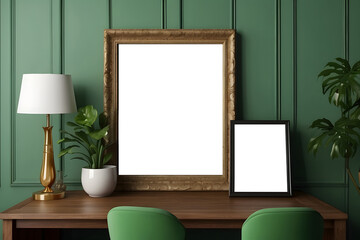 Frame mock-up in Home Office Traditional Style in Green, Mockups Design 3D, HD