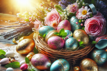 Beautifully colored Easter eggs in a basket on a wooden table. A beam of light illuminates the scene. generated ai