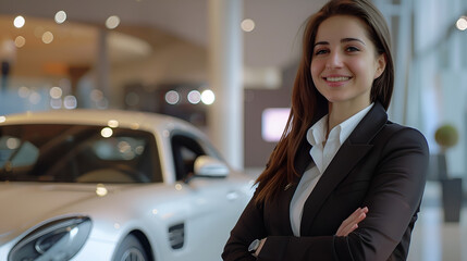 Professional luxury car saleswoman in a luxury showroom