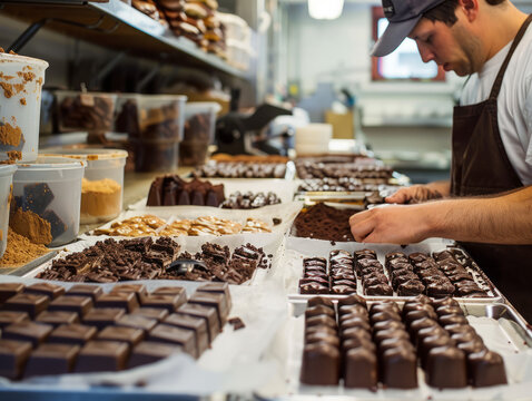 An artisan chocolatier is meticulously crafting chocolates, suggesting quality and expertise in chocolate making