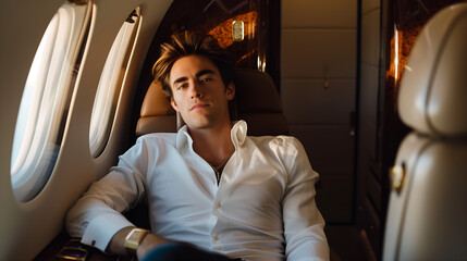 Rich billionaire young handsome man on a seat of his private jet