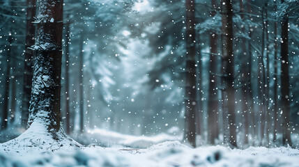 Winter forest landscape with a blurry background of snow-covered trees and snowfall