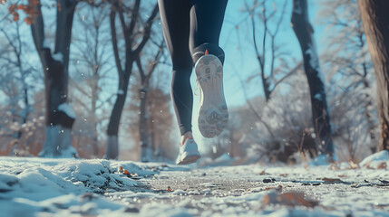 Legs of a female runner jogging in a park on a winter afternoon, active lifestyle, winter exercise
