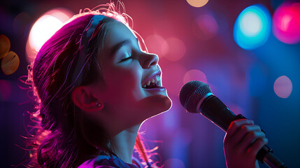 Young girl at a talent show singing with a microphone